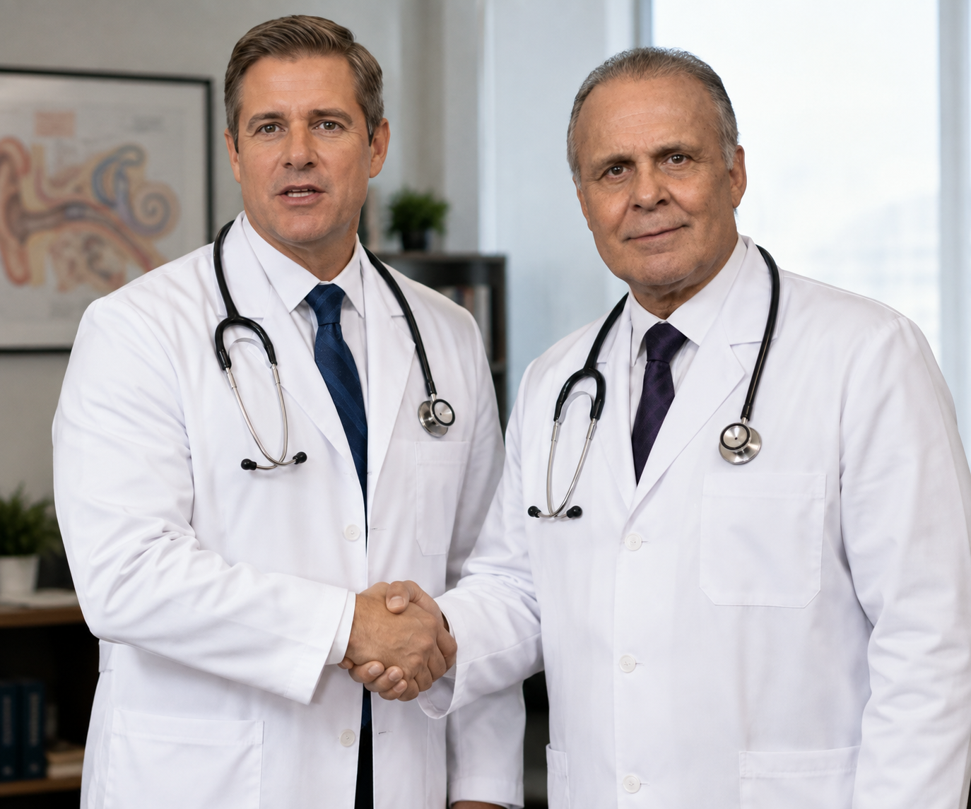 Dois médicos de jaleco branco apertando as mãos